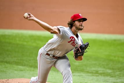 Mar 30, 2023; Arlington, Texas, USA; Philadelphia Phillies starting pitcher Aaron Nola (27) in action during the game between the Texas Rangers and the Philadelphia Phillies at Globe Life Field. Mandatory Credit: Jerome Miron-USA TODAY Sports