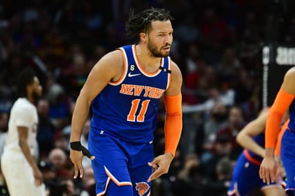 Mar 31, 2023; Cleveland, Ohio, USA; New York Knicks guard Jalen Brunson (11) celebrates after hitting a three point basket during the second half against the Cleveland Cavaliers at Rocket Mortgage FieldHouse. Mandatory Credit: Ken Blaze-USA TODAY Sports