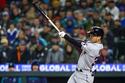 Mar 31, 2023; Seattle, Washington, USA; Cleveland Guardians left fielder Steven Kwan (38) hits a two-run single against the Seattle Mariners during the fifth inning at T-Mobile Park. Mandatory Credit: Joe Nicholson-USA TODAY Sports
