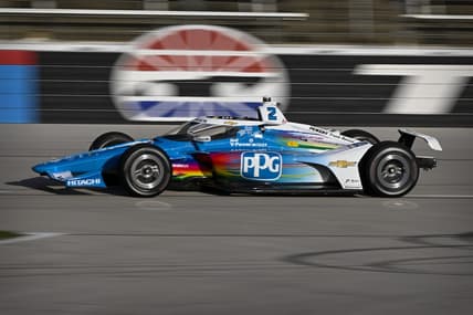 Apr 1, 2023; Fort Worth, Texas, USA; Team Penske driver Josef Newgarden (2) of United States during practice for the NTT IndyCar Series PPG 375 race at Texas Motor Speedway. Mandatory Credit: Jerome Miron-USA TODAY Sports