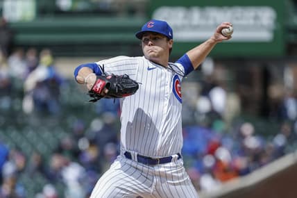 Apr 1, 2023; Chicago, Illinois, USA; Chicago Cubs starting pitcher Justin Steele (35) delivers against the Milwaukee Brewers during the second inning at Wrigley Field. Mandatory Credit: Kamil Krzaczynski-USA TODAY Sports