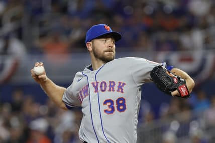 Apr 1, 2023; Miami, Florida, USA; New York Mets starting pitcher Tylor Megill (38) delivers a pitch during the first inning against the Miami Marlins at loanDepot Park. Mandatory Credit: Sam Navarro-USA TODAY Sports