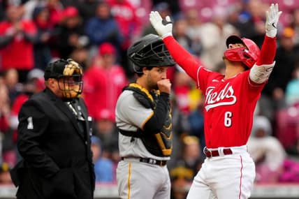 Cincinnati Reds second baseman Jonathan India (6) celebrates as he crosses home plate after hitting a solo home run in the first inning of a baseball game between the Pittsburgh Pirates and the Cincinnati Reds, Saturday, April 1, 2023, at Great American Ball Park in Cincinnati.

Pittsburgh Pirates At Cincinnati Reds April 1 0070