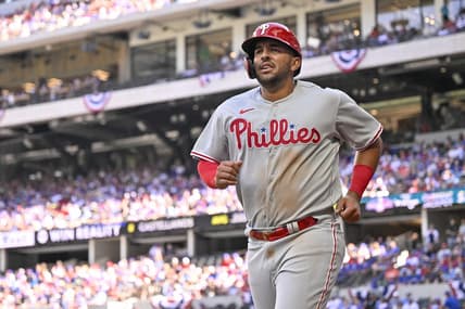 Apr 1, 2023; Arlington, Texas, USA; Philadelphia Phillies first baseman Darick Hall (24) runs off the field after scoring against the Texas Rangers during the fourth inning at Globe Life Field. Mandatory Credit: Jerome Miron-USA TODAY Sports