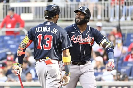 Apr 1, 2023; Washington, District of Columbia, USA; Atlanta Braves designated hitter Marcell Ozuna (20) reacts with right fielder Ronald Acuna Jr. (13) after hitting a solo home run against the Washington Nationals during the fourth inning at Nationals Park. Mandatory Credit: Brad Mills-USA TODAY Sports