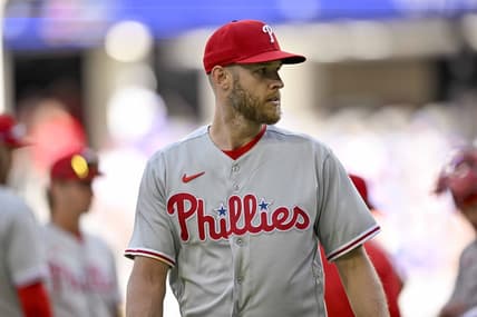 Apr 1, 2023; Arlington, Texas, USA; Philadelphia Phillies starting pitcher Zack Wheeler (45) leaves the game against the Texas Rangers during the fifth inning at Globe Life Field. Mandatory Credit: Jerome Miron-USA TODAY Sports