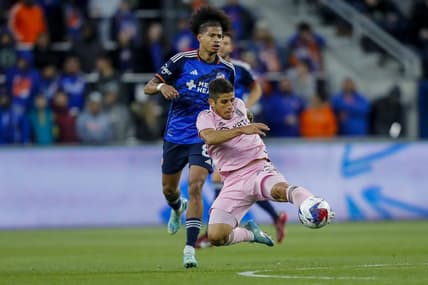 Apr 1, 2023; Cincinnati, Ohio, USA; Inter Miami CF forward Nicolas Stefanelli (22) controls the ball against FC Cincinnati midfielder Marco Angulo (8) in the first half at TQL Stadium. Mandatory Credit: Katie Stratman-USA TODAY Sports
