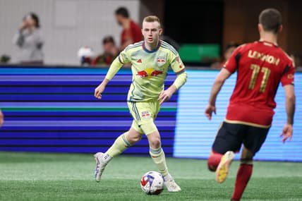 Apr 1, 2023; Atlanta, Georgia, USA; New York Red Bulls forward Cameron Harper (17) handles the ball against Atlanta United in the second half at Mercedes-Benz Stadium. Mandatory Credit: Brett Davis-USA TODAY Sports
