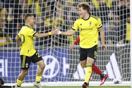 Apr 1, 2023; Columbus, Ohio, USA; Columbus Crew midfielder Aidan Morris (8) celebrates his goal with teamate against Real Salt Lake at Lower.com Field. Mandatory Credit: Joseph Maiorana-USA TODAY Sports