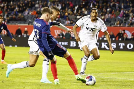 Apr 1, 2023; Chicago, Illinois, USA; Chicago Fire midfielder Brian Gutierrez (17) attempts to shoot the ball against D.C. United during the first half at Soldier Field. Mandatory Credit: Mike Dinovo-USA TODAY Sports