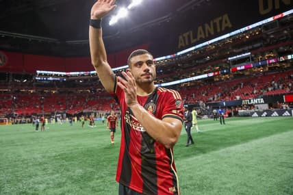 Apr 1, 2023; Atlanta, Georgia, USA; Atlanta United forward Giorgos Giakoumakis (7) reacts after a victory against the New York Red Bulls at Mercedes-Benz Stadium. Mandatory Credit: Brett Davis-USA TODAY Sports