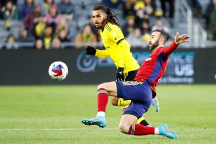 Apr 1, 2023; Columbus, Ohio, United States;  Real Salt Lake forward Justin Meram (9) contests the ball with Columbus Crew defender Mohamed Farsi (23) during the first half of the MLS soccer game between Columbus Crew and Real Salt Lake at Lower.com Field on Saturday night. Mandatory Credit: Joseph Scheller-The Columbus Dispatch

Mls Ceb Crew Slc Salt Lake At Crew
