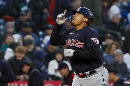 Apr 1, 2023; Seattle, Washington, USA; Cleveland Guardians first baseman Josh Naylor (22) reacts while running the bases after hitting a solo-home run against the Seattle Mariners during the fourth inning at T-Mobile Park. Mandatory Credit: Joe Nicholson-USA TODAY Sports