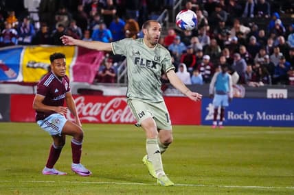 Apr 1, 2023; Commerce City, Colorado, USA; Los Angeles FC defender Giorgio Chiellini (14) in action against Colorado Rapids during the second half at Dick's Sporting Goods Park. Mandatory Credit: Ron Chenoy-USA TODAY Sports