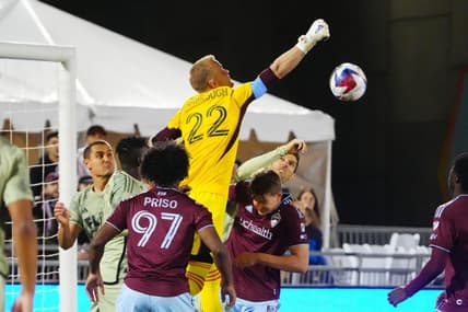 Apr 1, 2023; Commerce City, Colorado, USA; Colorado Rapids goalkeeper William Yarbrough (22) makes a save at the end of the second half against Los Angeles FC at Dick's Sporting Goods Park. Mandatory Credit: Ron Chenoy-USA TODAY Sports