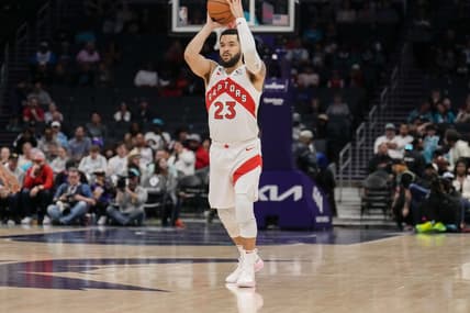 Apr 2, 2023; Charlotte, North Carolina, USA; Toronto Raptors guard Fred VanVleet (23) passes the ball off during first quarter against the Charlotte Hornets at Spectrum Center. Mandatory Credit: Jim Dedmon-USA TODAY Sports