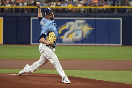 Apr 2, 2023; St. Petersburg, Florida, USA; Tampa Bay Rays starting pitcher Jeffrey Springs (59) throws a pitch against the Detroit Tigers during the first inning at Tropicana Field. Mandatory Credit: Dave Nelson-USA TODAY Sports