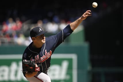 Apr 2, 2023; Washington, District of Columbia, USA; Atlanta Braves starting pitcher Jared Shuster (45) throws to the Washington Nationals during the first inning at Nationals Park. Mandatory Credit: Brad Mills-USA TODAY Sports