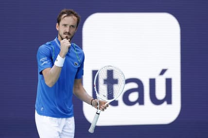 Apr 2, 2023; Miami, Florida, US; Daniil Medvedev reacts after winning the first set against Jannik Sinner (ITA) (not pictured) in the men's singles final on day fourteen of the Miami Open at Hard Rock Stadium. Mandatory Credit: Geoff Burke-USA TODAY Sports
