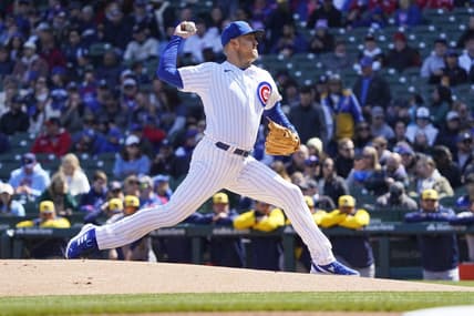 Apr 2, 2023; Chicago, Illinois, USA; Chicago Cubs starting pitcher Jameson Taillon (50) throws the ball against the Milwaukee Brewers during the first inning at Wrigley Field. Mandatory Credit: David Banks-USA TODAY Sports