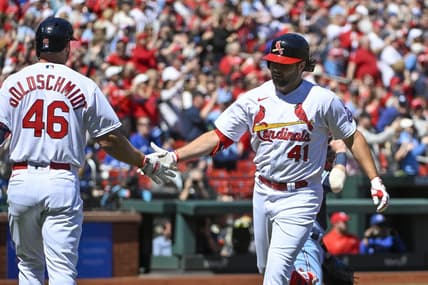 Apr 2, 2023; St. Louis, Missouri, USA;  St. Louis Cardinals left fielder Alec Burleson (41) celebrates with first baseman Paul Goldschmidt (46) after hitting a solo home run against the Toronto Blue Jays during the first inning at Busch Stadium. Mandatory Credit: Jeff Curry-USA TODAY Sports