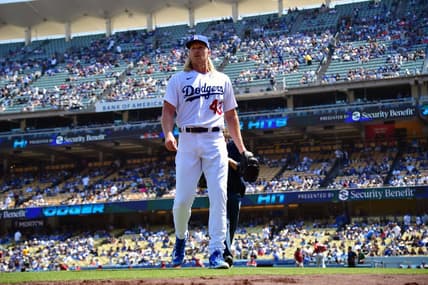 Apr 2, 2023; Los Angeles, California, USA; Los Angeles Dodgers starting pitcher Noah Syndergaard (43) returns to the dugout following the top of the first inning against the Arizona Diamondbacks at Dodger Stadium. Mandatory Credit: Gary A. Vasquez-USA TODAY Sports