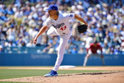 Apr 2, 2023; Los Angeles, California, USA; Los Angeles Dodgers starting pitcher Noah Syndergaard (43) throws against the Arizona Diamondbacks during the sixth inning at Dodger Stadium. Mandatory Credit: Gary A. Vasquez-USA TODAY Sports