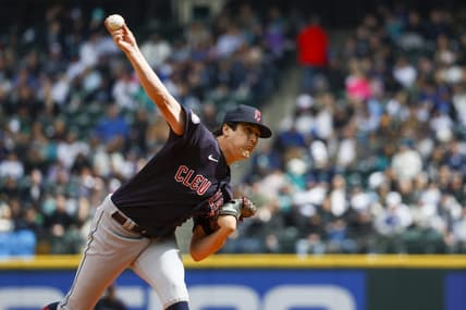 Apr 2, 2023; Seattle, Washington, USA; Cleveland Guardians starting pitcher Cal Quantrill (47) throws against the Seattle Mariners during the second inning at T-Mobile Park. Mandatory Credit: Joe Nicholson-USA TODAY Sports