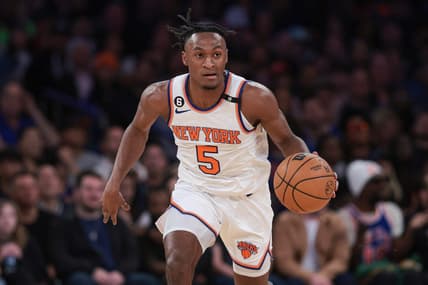 Apr 2, 2023; New York, New York, USA; New York Knicks guard Immanuel Quickley (5) dribbles up court during the first quarter against the Washington Wizards at Madison Square Garden. Mandatory Credit: Vincent Carchietta-USA TODAY Sports