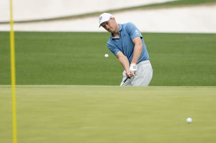 Apr 3, 2023; Augusta, Georgia, USA; Jordan Spieth chips balls at the practice facility during a practice round for The Masters golf tournament at Augusta National Golf Club. Mandatory Credit: Michael Madrid-USA TODAY Network