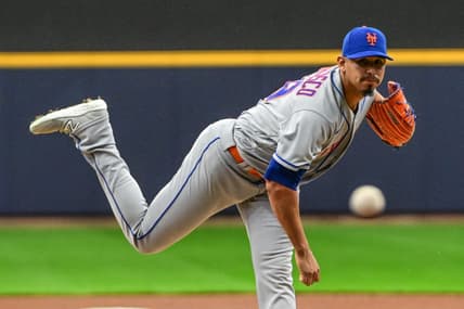 Apr 3, 2023; Milwaukee, Wisconsin, USA; New York Mets pitcher Carlos Carrasco (59) throws a pitch in the in the first inning against the Milwaukee Brewers at American Family Field. Mandatory Credit: Benny Sieu-USA TODAY Sports