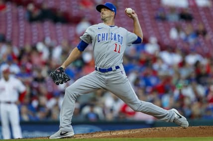 Apr 3, 2023; Cincinnati, Ohio, USA; Chicago Cubs starting pitcher Drew Smyly (11) pitches against the Cincinnati Reds in the first inning at Great American Ball Park. Mandatory Credit: Katie Stratman-USA TODAY Sports