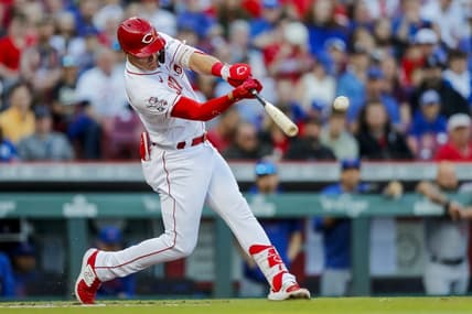 Apr 3, 2023; Cincinnati, Ohio, USA; Cincinnati Reds designated hitter Tyler Stephenson (37) hits a single against the Chicago Cubs in the first inning at Great American Ball Park. Mandatory Credit: Katie Stratman-USA TODAY Sports