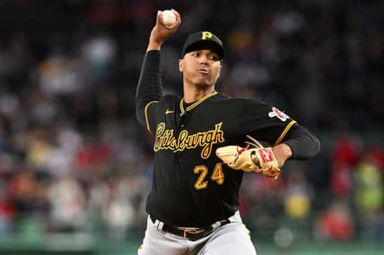 Apr 3, 2023; Boston, Massachusetts, USA; Pittsburgh Pirates relief pitcher Johan Oviedo (24) pitches against the Boston Red Sox during the first inning at Fenway Park. Mandatory Credit: Brian Fluharty-USA TODAY Sports