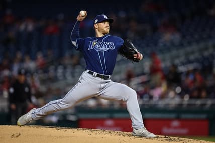 Apr 3, 2023; Washington, District of Columbia, USA; Tampa Bay Rays starting pitcher Drew Rasmussen (57) delivers a pitch against the Washington Nationals during the second inning at Nationals Park. Mandatory Credit: Scott Taetsch-USA TODAY Sports