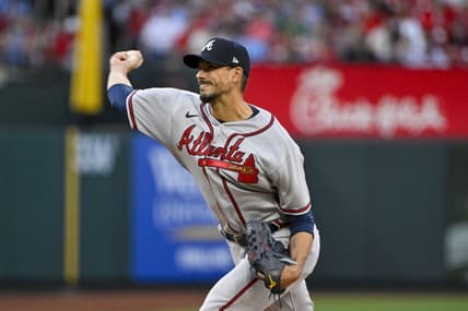 Apr 3, 2023; St. Louis, Missouri, USA;  Atlanta Braves starting pitcher Charlie Morton (50) pitches against the St. Louis Cardinals during the first inning at Busch Stadium. Mandatory Credit: Jeff Curry-USA TODAY Sports