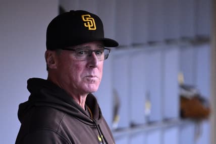 Apr 3, 2023; San Diego, California, USA; San Diego Padres manager Bob Melvin looks on from the dugout before the game against the Arizona Diamondbacks at Petco Park. Mandatory Credit: Orlando Ramirez-USA TODAY Sports