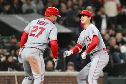 Apr 3, 2023; Seattle, Washington, USA; Los Angeles Angels center fielder Mike Trout (27) and Los Angeles Angels designated hitter Shohei Ohtani (17) celebrate after Ohtani hit a two-run home run against the Seattle Mariners during the fifth inning at T-Mobile Park. Mandatory Credit: Steven Bisig-USA TODAY Sports