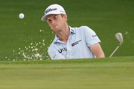 Apr 4, 2023; Augusta, Georgia, USA; Will Zalatoris hits out of the sand on the second hole during a practice round for The Masters golf tournament at Augusta National Golf Club. Mandatory Credit: Michael Madrid-USA TODAY Network