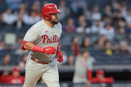 Apr 4, 2023; Bronx, New York, USA; Philadelphia Phillies left fielder Kyle Schwarber (12) runs the bases after hitting a solo home run during the first inning against the New York Yankees at Yankee Stadium. Mandatory Credit: Vincent Carchietta-USA TODAY Sports