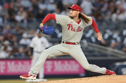 Apr 4, 2023; Bronx, New York, USA; Philadelphia Phillies relief pitcher Matt Strahm (25) delivers a pitch during the first inning against the New York Yankees at Yankee Stadium. Mandatory Credit: Vincent Carchietta-USA TODAY Sports