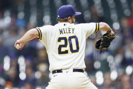 Apr 4, 2023; Milwaukee, Wisconsin, USA;  Milwaukee Brewers pitcher Wade Miley (20) throws a pitch during the second inning against the New York Mets at American Family Field. Mandatory Credit: Jeff Hanisch-USA TODAY Sports