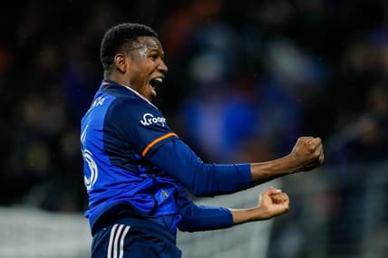 Apr 1, 2023; Cincinnati, Ohio, USA; FC Cincinnati defender Yerson Mosquera (15) reacts after scoring a goal against Inter Miami CF in the first half at TQL Stadium. Mandatory Credit: Katie Stratman-USA TODAY Sports