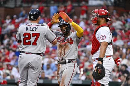 Apr 4, 2023; St. Louis, Missouri, USA;  Atlanta Braves third baseman Austin Riley (27) celebrates with right fielder Ronald Acuna Jr. (13) after hitting a two run home run against the St. Louis Cardinals during the first inning at Busch Stadium. Mandatory Credit: Jeff Curry-USA TODAY Sports