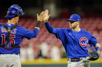 Apr 4, 2023; Cincinnati, Ohio, USA; Chicago Cubs left fielder Ian Happ (8) high fives catcher Yan Gomes (15) after the victory over the Cincinnati Reds at Great American Ball Park. Mandatory Credit: Katie Stratman-USA TODAY Sports