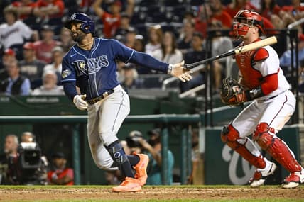 Apr 4, 2023; Washington, District of Columbia, USA; Tampa Bay Rays first baseman Yandy Diaz (2) hits a three run home run against the Washington Nationals during the ninth inning at Nationals Park. Mandatory Credit: Brad Mills-USA TODAY Sports