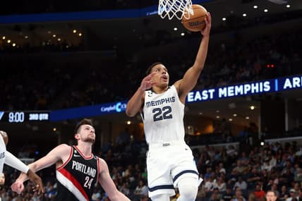 Apr 4, 2023; Memphis, Tennessee, USA; Memphis Grizzlies guard Desmond Bane (22) drives to the basket during the second half against the Portland Trail Blazers at FedExForum. Mandatory Credit: Petre Thomas-USA TODAY Sports