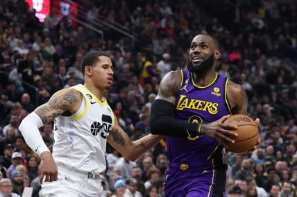 Apr 4, 2023; Salt Lake City, Utah, USA; Los Angeles Lakers forward LeBron James (6) drives against Utah Jazz forward Juan Toscano-Anderson (95) in the second quarter at Vivint Arena. Mandatory Credit: Rob Gray-USA TODAY Sports