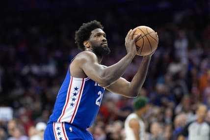 Apr 4, 2023; Philadelphia, Pennsylvania, USA; Philadelphia 76ers center Joel Embiid (21) shoots a technical foul shot against the Boston Celtics during the fourth quarter at Wells Fargo Center. Mandatory Credit: Bill Streicher-USA TODAY Sports