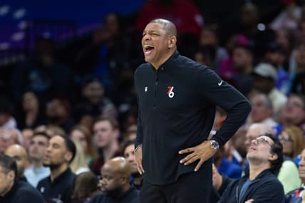 Apr 4, 2023; Philadelphia, Pennsylvania, USA; Philadelphia 76ers head coach Doc Rivers reacts during the fourth quarter against the Boston Celtics at Wells Fargo Center. Mandatory Credit: Bill Streicher-USA TODAY Sports